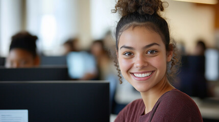Poster - Smiling student working on computer science project in university library