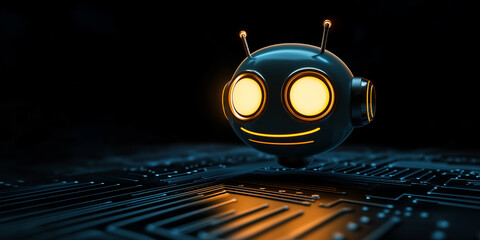Poster - Cute robot floating over motherboard, artificial intelligence concept