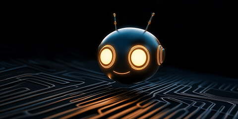 Poster - Cute robot floating over motherboard is exploring artificial intelligence