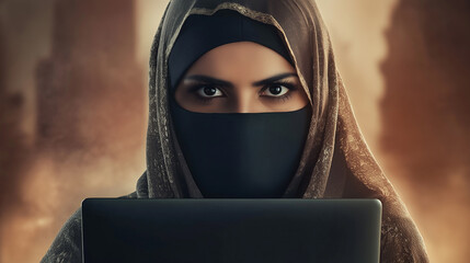 Poster - Mysterious veiled muslim woman using laptop in blurry background