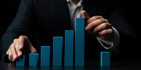 Poster - Businessman arranging increasing graph with wooden blocks on table