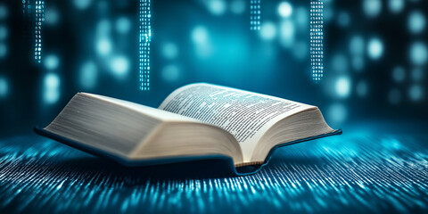 Poster - Open book with futuristic digital binary code transforming learning
