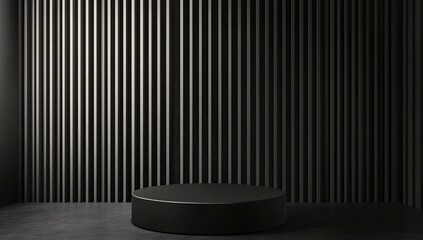 Poster - Black Cylindrical Platform on Striped Wall: Minimalist Design and Modern Architecture Showcase