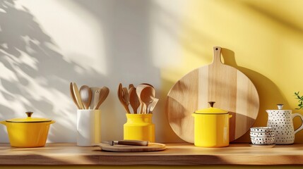 Wall Mural - A minimalist kitchen shows a perfect combination of white and light yellow. The wooden counter and cabinets add warmth, while the kitchenware is illuminated by soft light and shadows.