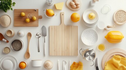 Wall Mural - High angle view of a white and light yellow kitchen with wooden counter and cabinets. Kitchenware is neatly arranged and soft lighting creates soft shadows for a warm feel.