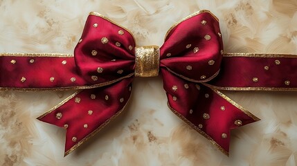 Poster - A stunning luxurious red and gold metallic ribbon bow against a textured shimmering background  This elegant festive creates a captivating glamorous visual for holiday seasonal design