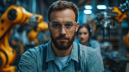 Poster - Beneath the soft glow of industrial lights, a focused engineer examines machinery while robotic arms operate in the background. The blend of technology and human skill defines the atmosphere