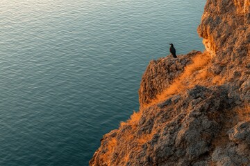 Poster - A lone bird perched on a cliff overlooking the ocean. AI.