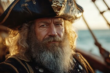 A weathered sea captain with a long beard and tricorn hat. AI.