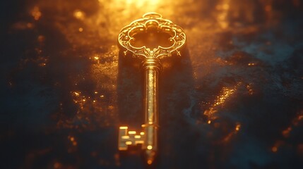 Poster - Conceptual image of a glowing antique gold key with intricate ornate detailing set against a neutral minimalist background  The key symbolizes exclusivity luxury and hidden significance or meaning
