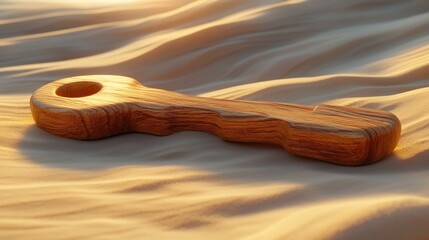 Poster - a conceptual image of a minimalist wooden key with smooth curves surrounded by warm ambient lighting