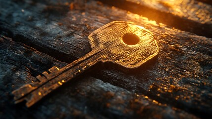 Poster - A conceptual image showcasing an elegant wooden key with intricate wood patterns subtly illuminated and resting on a rustic wooden textured surface  This image represents the idea of security