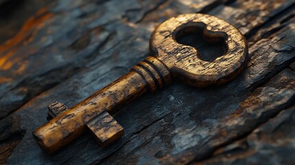 Poster - A conceptual image of an elegant wooden key with fine wood patterns subtly illuminated and resting on a rustic wooden textured surface conveying a sense of mystery security