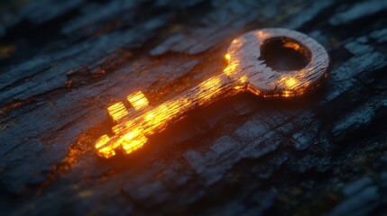 Poster - Elegant and finely crafted wooden key with intricate wood patterns subtly illuminated and resting on a rustic wooden textured surface  A conceptual premium still life design piece