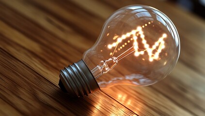 Poster - Illuminating Ideas: A Glowing Filament Forms an Inspiration Symbol in a Glass Bulb on Wood