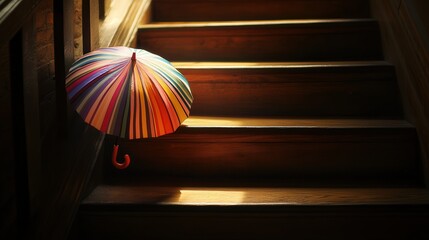 Wall Mural - A 4K image capturing a striped umbrella on a wooden staircase. The light streaming through the space casts a soft,