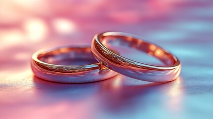 Poster - two simple elegant gold rings stacked together with a soft light reflection on a pastel colored back