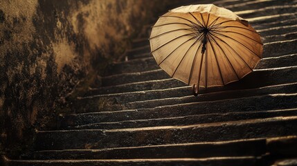 Wall Mural - A 4K image showing a lone umbrella placed on a staircase.