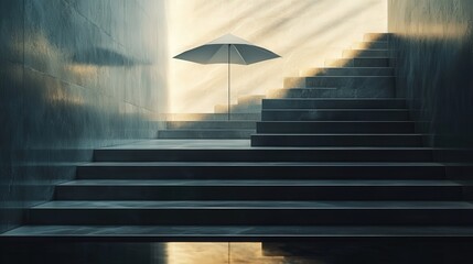 Wall Mural - A 4K photo capturing an umbrella placed on a set of smooth, clean stairs. The light reflects off the polished steps,