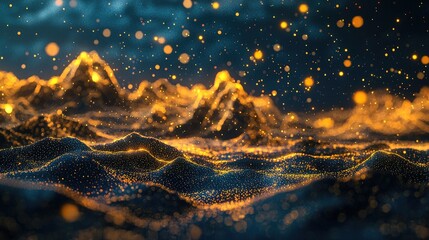 Wall Mural - tilt shift photography Neon Fantasy Landscape, golden mountains, black sand on the ground, tranquil lights float in the air, tilt-shift photography, 