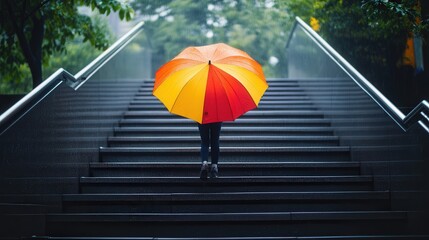 Wall Mural - A 4K picture of an umbrella placed on a wide staircase.