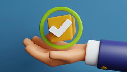 Poster - A colorful 3D hand holds a checkmark symbolizing approval, representing validation and success in a modern digital context.