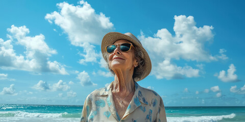 Wall Mural - A beautiful elderly woman stands on the beach, wearing sunglasses and a hat. She is smiling as she looks up at the blue sky with white clouds in the background, generative AI