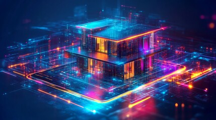 Poster - Smartphone displaying a futuristic holographic representation of a house in vibrant colors