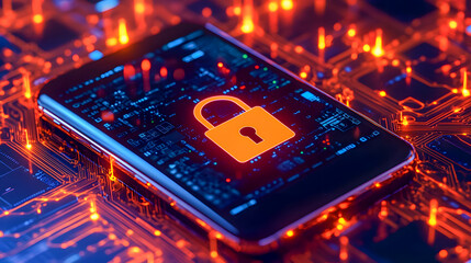 Poster - Mobile Device Security Concept with Digital Lock Symbol on Smartphone Surrounded by Circuit Board Patterns and Glowing Technology Elements