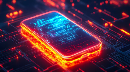 Poster - Futuristic smartphone with glowing circuit lines on a digital background showcasing advanced technology and cybernetic features