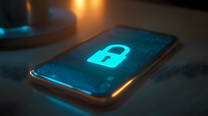 Poster - Modern smartphone with glowing lock symbol representing digital security and personal data protection in a dark, tech-inspired environment