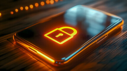 Poster - Futuristic smartphone with glowing lock symbol on screen representing digital security and privacy in modern technology world