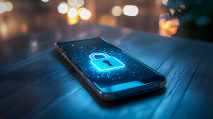 Poster - Digital Security Concept with Smartphone Displaying Lock Icon in Bright Light Background on Wooden Surface at Night