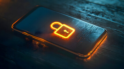 Poster - Conceptual Image of a Smartphone with a Neon Lock Symbolizing Security and Privacy in a Digital World at Night