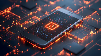 Poster - Modern smartphone on circuit board background showcasing digital security and lock symbol with glowing effects and technological design elements