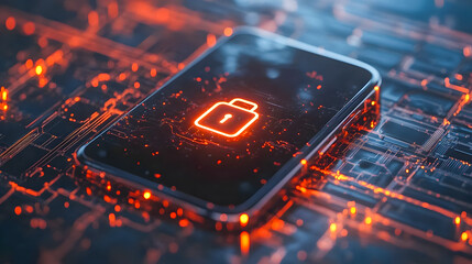 Poster - Futuristic Smartphone with Battery Icon Illuminated on Circuit Board Background for Technology and Innovation Concepts