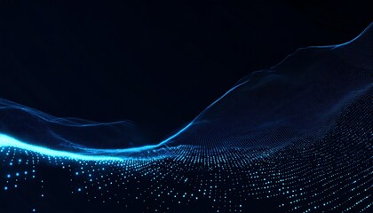Poster - A vibrant, abstract digital landscape with glowing blue waves and particles against a dark background, representing technology and innovation.