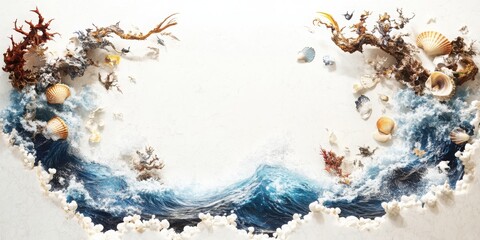 Poster - Creating a whimsical maritime scene interlocking shell elements and plump sea flora amidst exaggerated coastal clusters for artistic expression