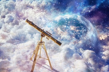 Poster - Exploring the cosmos stargazer's realm with telescope celestial charts and globe in a pastel universe