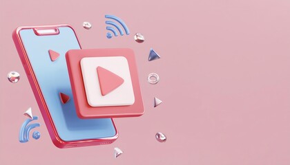Poster - A colorful smartphone mockup featuring a play button and multimedia icons on a pastel background, symbolizing digital content and streaming.