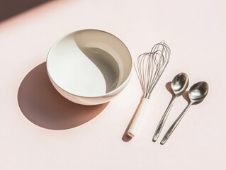Poster - Create elegant minimalist kitchen essentials whisk ceramic bowl and measuring spoons in soft pastel shadows