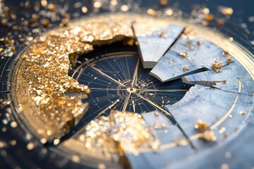 Fototapete - Celestial fragmentation star charts distorted by telescope lens and compass in a cosmic environment exploring planetary models and radial tension