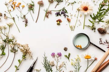 Poster - Exploring botanical beauty pressed flowers and sketches in a serene nature setting with a focus on delicate watercolor techniques