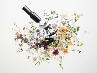 Poster - Exploring botanical layered complexity under microscope pressed flowers and central focal point in a nature-inspired environment