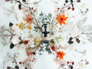 Poster - Creating botanical layered complexity with microscope diagonal brushes of pressed flowers as central focal point in spatial environment