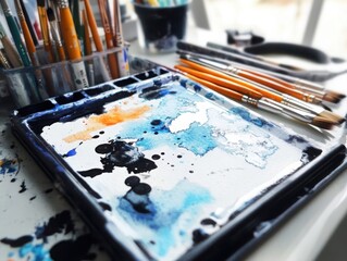Poster - Creating ethereal watercolor art an artist's corner with brushes palette sketchpad and ink in a serene studio environment