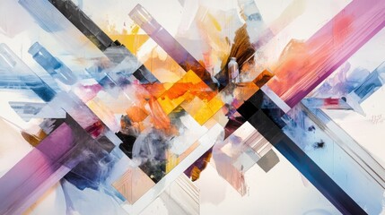 Poster - Artistic alchemy paint brushes create diagonal tensions in a geometric landscape with ink bottles disrupting palette fragments