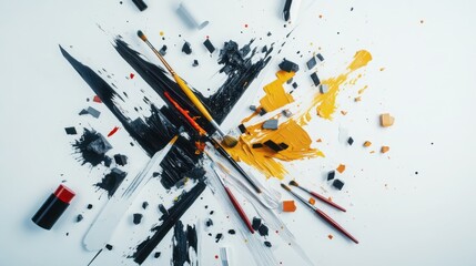 Poster - Dynamic artistry paint brushes and ink bottles create geometric landscapes with diagonal tensions in an abstract workspace