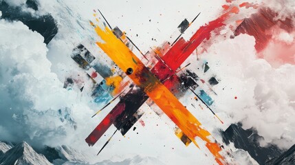 Poster - Geometric landscape diagonal tensions in artistic alchemy with paint brushes and ink bottles