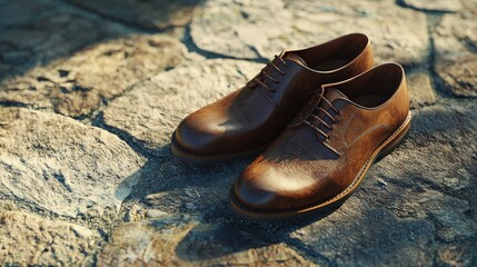 Poster - Outdoor photography of stylish leather shoes on clean stone for fashion enthusiasts in natural light